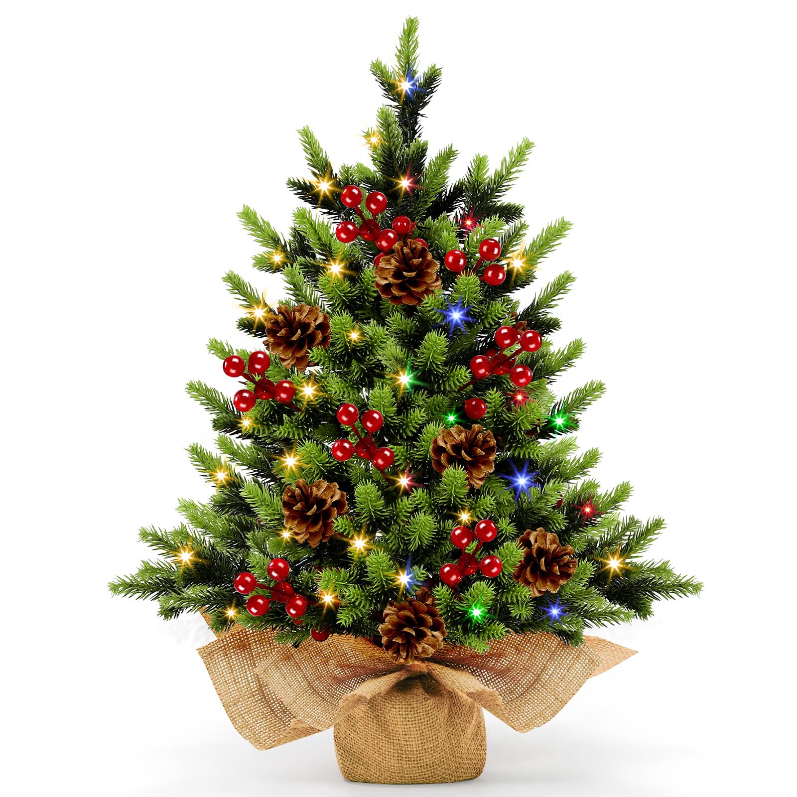 Photo 1 of [ 12 Modes & Timer] Christmas Artificial Tree LED Warm Lights Battery Operated Red Berries Pine Cone Burlap Base Indoor Home Christmas Decorations
