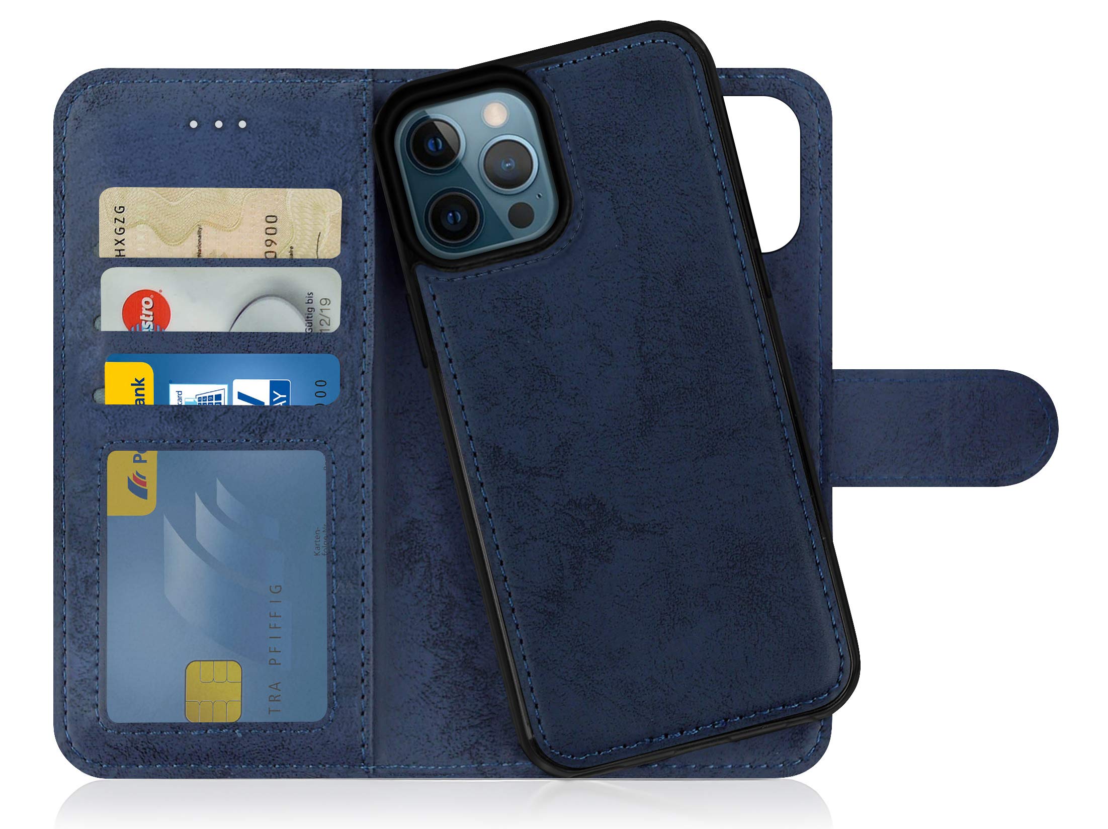 MyGadget Flip Case for iPhone 12 Pro Max - [ Removable Magnetic Cover ] - PU Leather Phone Case - [ Cover with Card Slot ] Protective Shell in Dark Blue