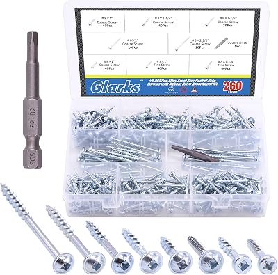 GLARKS 260Pcs Pocket Hole Screw Set 8 Size Square Drive Self Tapping Coarse Fine