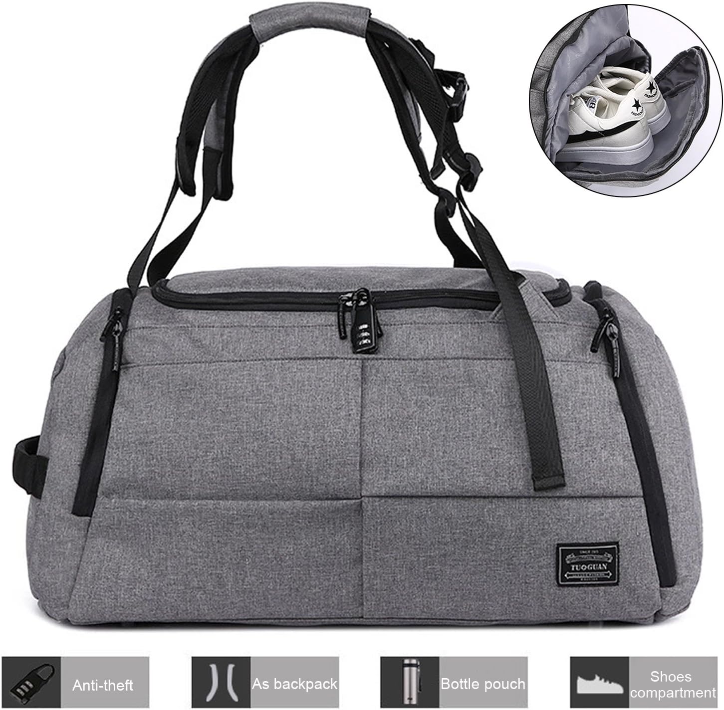 IOKHEIRA 40L Oxford Gym Bag Mutifunctional Holdall Duffel Bags Sports Large Capacity Travel Waterproof Outdoor Pack with Shoes Compartment (Style3-Gray)