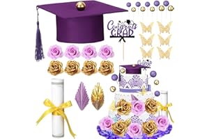 Jingmore Graduation Cake Kit Included Felt Graduation Cap Diploma Classic Black Congrats Grad Cupcake Toppers Beads Leaf Flowers Cake Decorations for Class of 2025 Graduation Party(Purple and Gold)