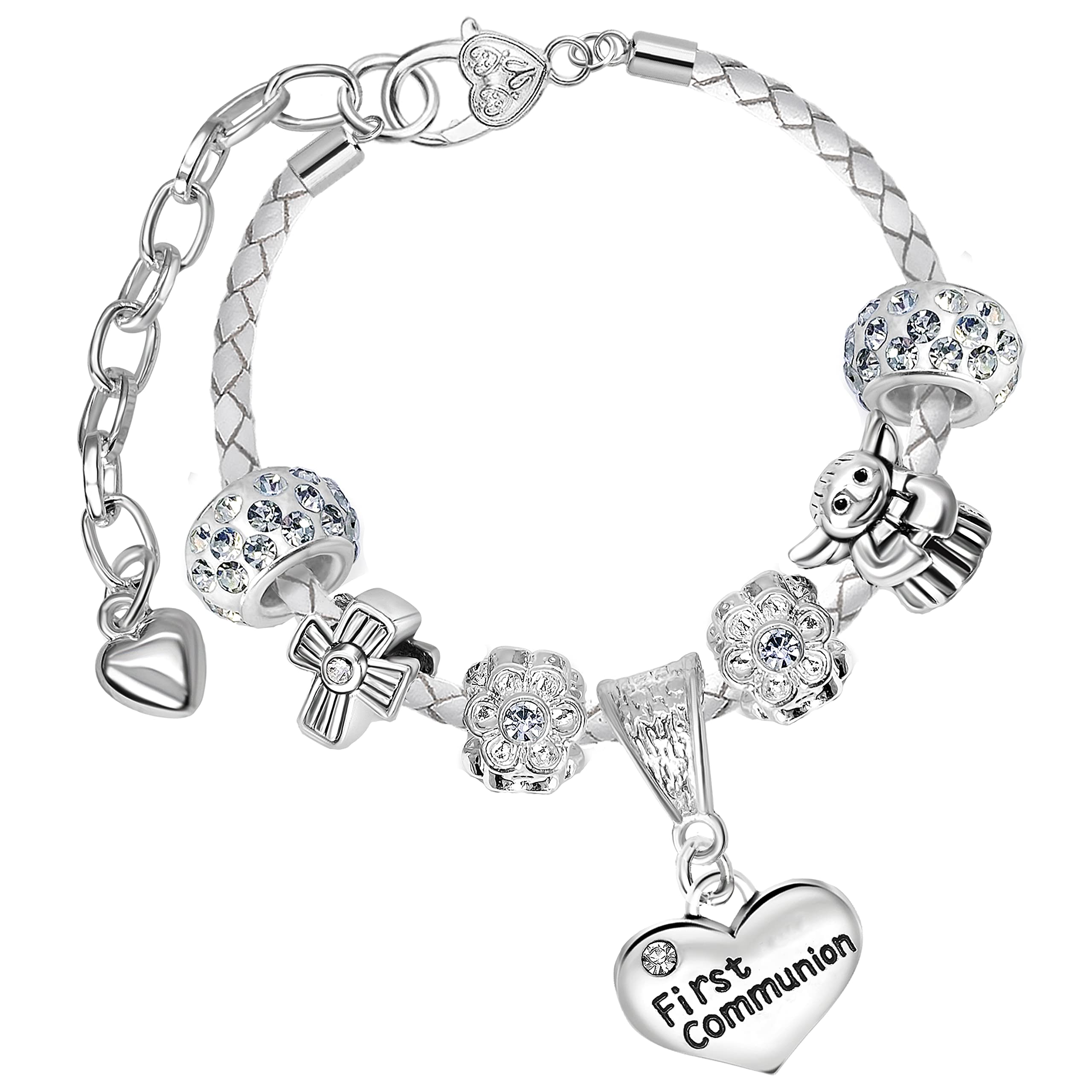 First Holy Communion Glitter Sparkles Charm Bracelet with Gift Box for Girls (4. White Leather)