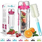 AquaFrut 32 OZ Fruit Infuser Water Bottle BPA-Free Fruit Infusion Sports Bottle - Flip Top Lid w Drinking Spout, Leak Proof, Made of Durable Tritan. Free Recipe eBook! (Pink)