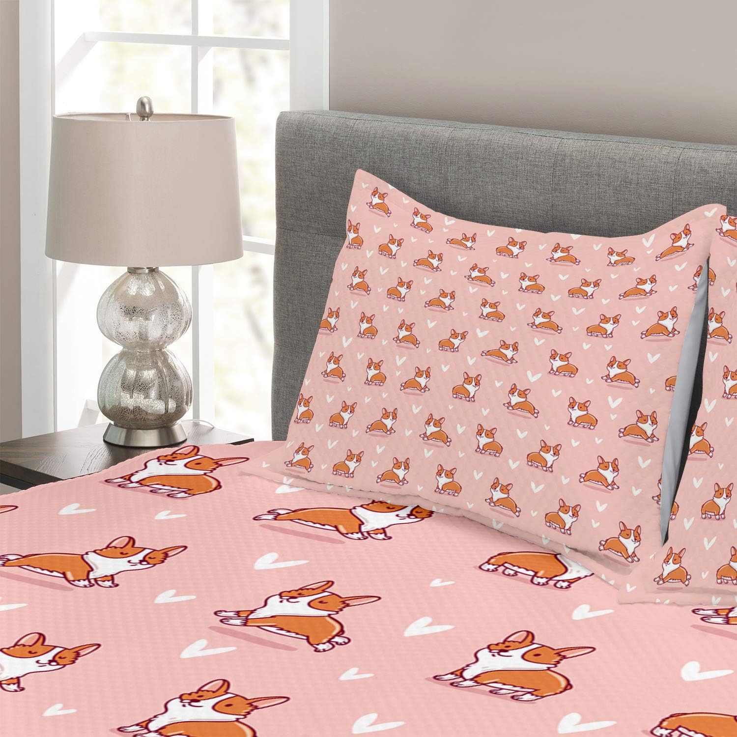 ABAKUHAUS Dog Lover Bedspread Set, Little Corgis, Decorative Quilted 3 Piece Coverlet Set including 2 Pillow Shams, Coral Orange - Image 3