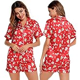 SWOMOG Womens Silk Satin Pajamas Set Short Sleeve Sleepwear Button Down Top and Shorts Loungewear 2 Piece Pjs Set XS-3XL