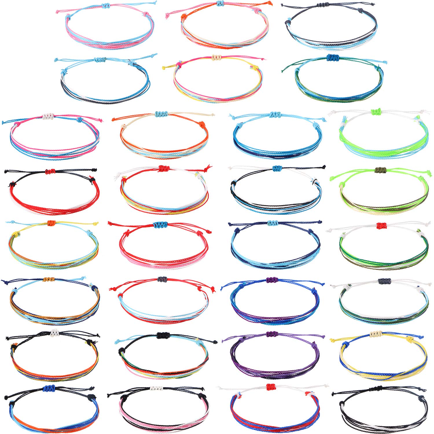 Hicarer 30 Pieces Adjustable Woven Anklets Bracelets Bohemian Braided Rope Bracelets Waterproof Wax Coated Anklets for Women