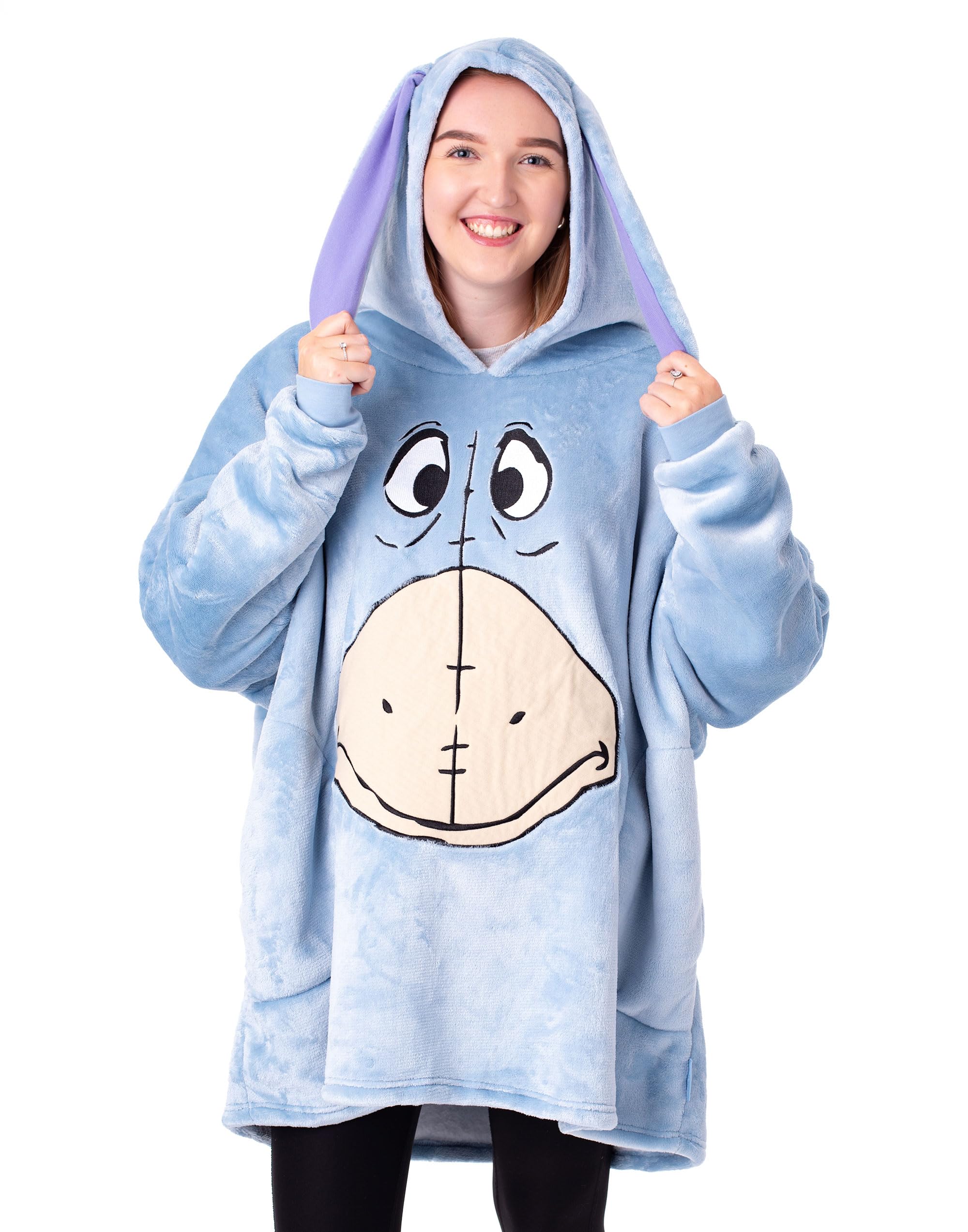 Disney Eeyore Womens Wearable Blanket Hoodie | Adults Blue Hooded Pullover with Donkey Character face | Ladies One Size Sherpa Lined Loungewear 3D Ears | Winnie The Pooh Friend Merchandise Gift