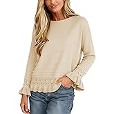 Vimida Womens Crochet Sweater Crewneck Long Sleeve Pullover Knit Top Ruffled Hem Casual Office Fall Winter Wear