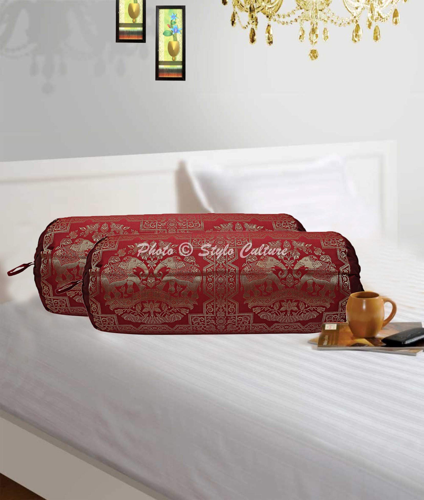Stylo Culture Ethnic Polydupion Cylindrical Hotdog Pillow Bolster Pillow Covers Burgundy Maroon Cylindrical Round Brocade Large Settee Cylinder Cushion Covers (Set of 2) | 30x15 Inches (76x38 cm)