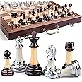 Deluxe Chess Set 16.5'' Wooden Large Folding Chess Board Game with Handle, Weighted Acrylic Chess Pieces - 3.5" King with Storage Slots for Beginners, Professional Players