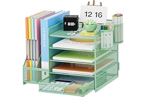 Marbrasse Desk Organizer with File Holder, 5 Tier Paper Letter Tray with Drawer and 2 Pen Holders, Document Organizer with Ma