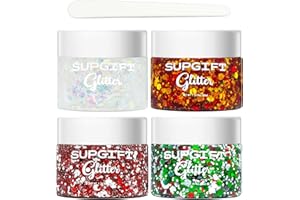 Christmas Body Glitter Gel SUPGIFT 4 Colors 8.5oz Holographic Chunky Mermaid Iridescent Laser Liquid Star Flower Leaf Sequins for Makeup Face Eyeshadow Hair with Spoon