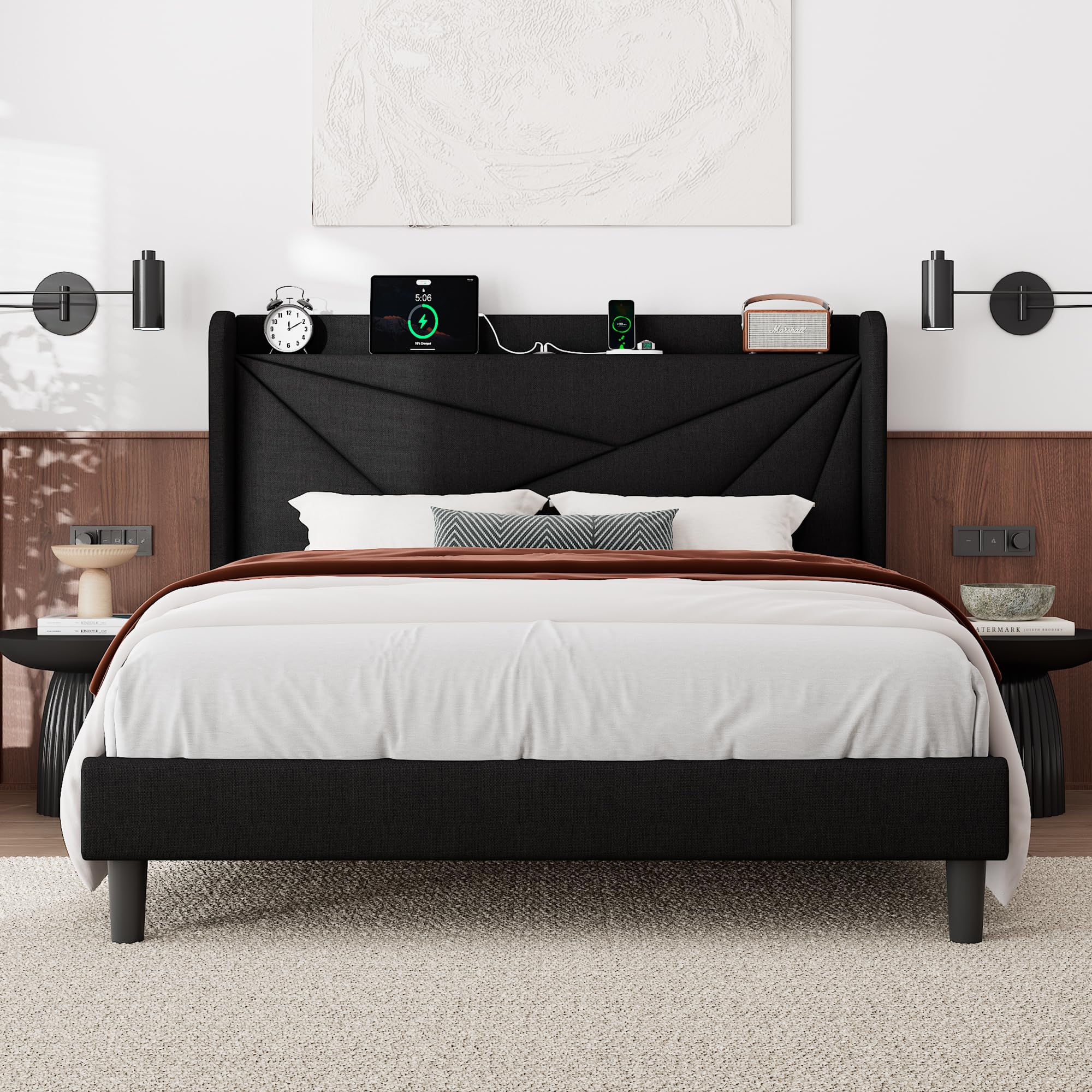 Photo 1 of *BROKEN HEADBOARD CORNER* Feonase Queen Size Bed Frame with Charging Station, Linen Upholstered Platform Bed Frame with Wingback Storage Headboard, Solid Wood Slats Support, No Box Spring Needed, Noise Free, Black