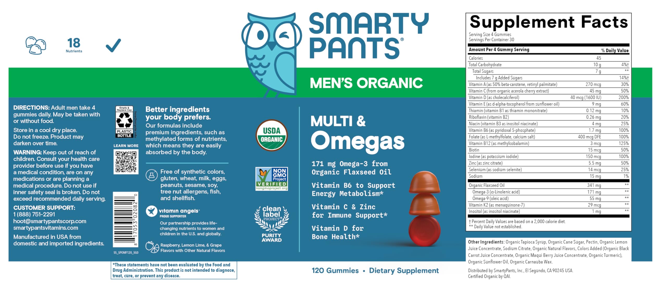 SmartyPants Multivitamin for Men, Organic Gummies: Methylfolate, Omega 3 (ALA), Vitamin D3, C, Vitamin B12, B6, A, K & Zinc for Immune Support, Biotin, Vegetarian, 120 Gummies (30 Day Supply)