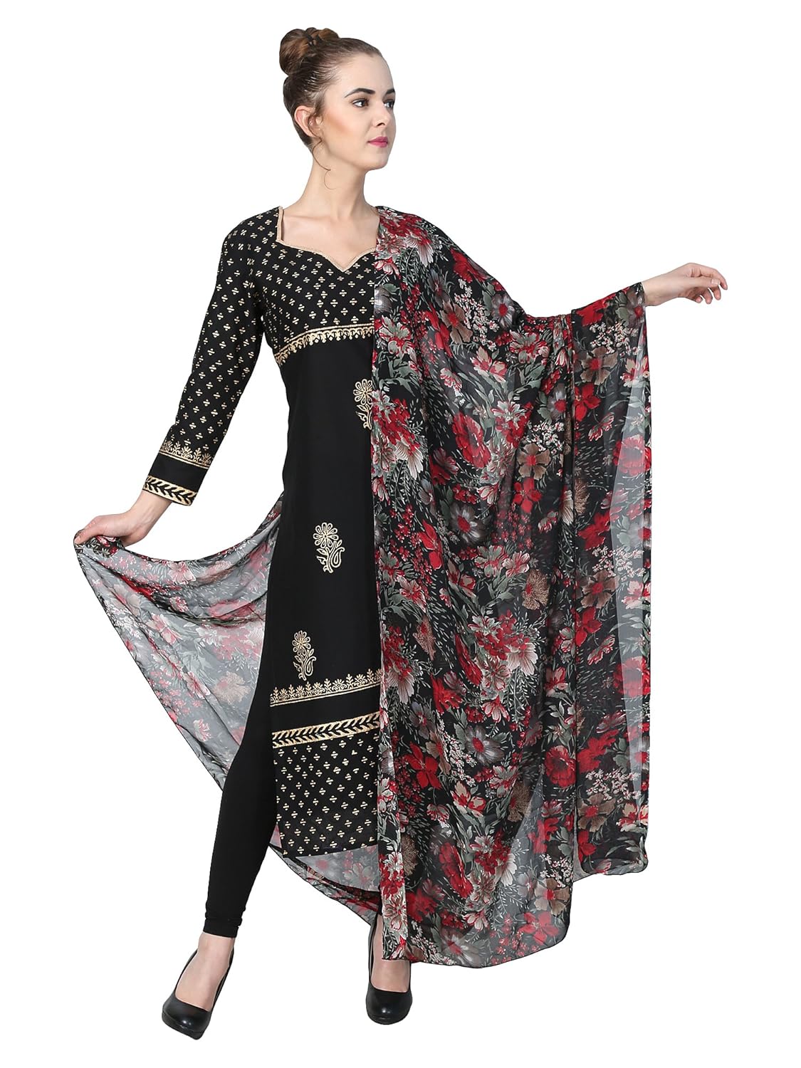 fabnfab women's georgette floral print dupatta (gddpt_6, black, free size)