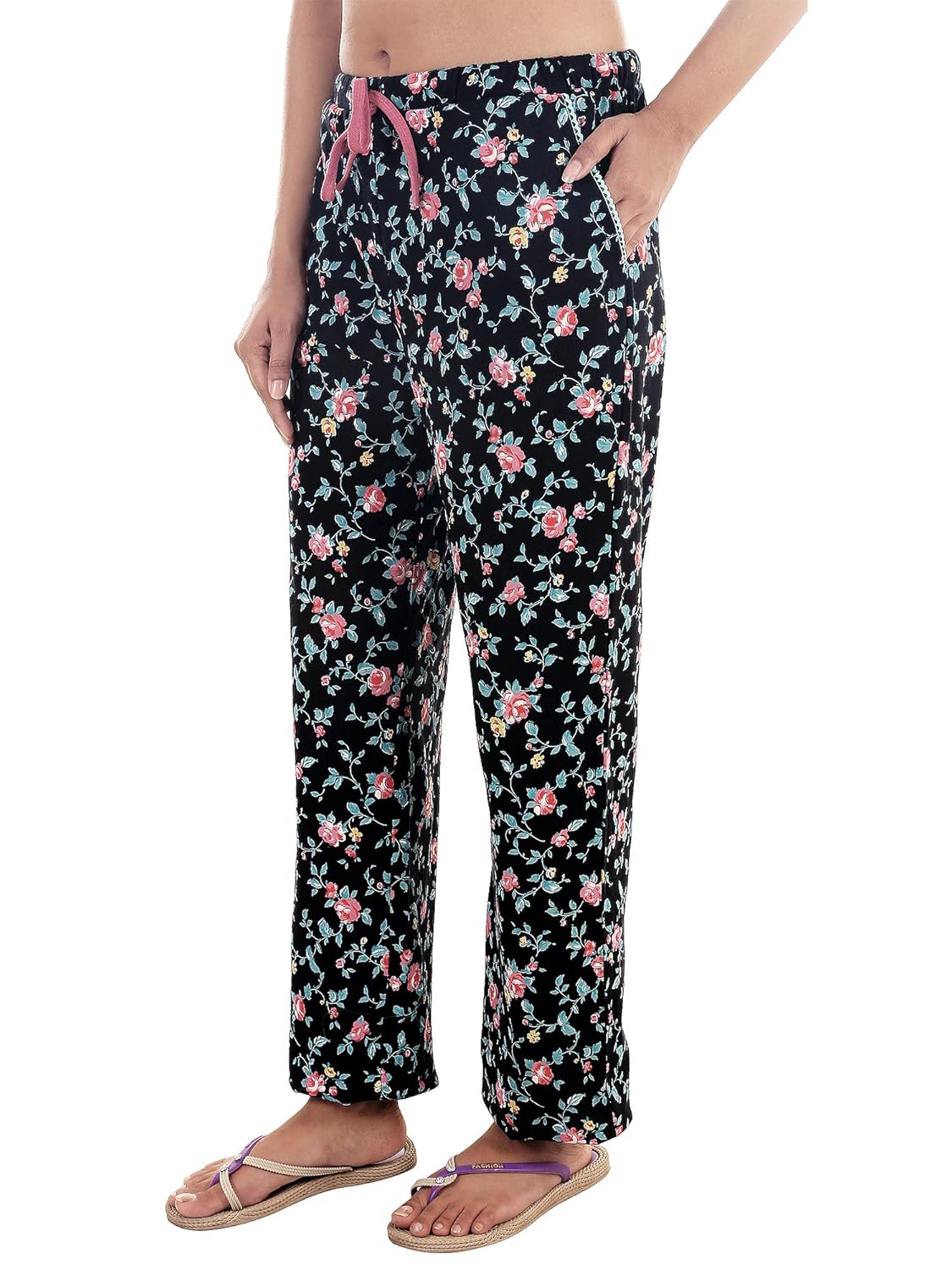 9teenagain women's hosiery night pyjama (black floral print)