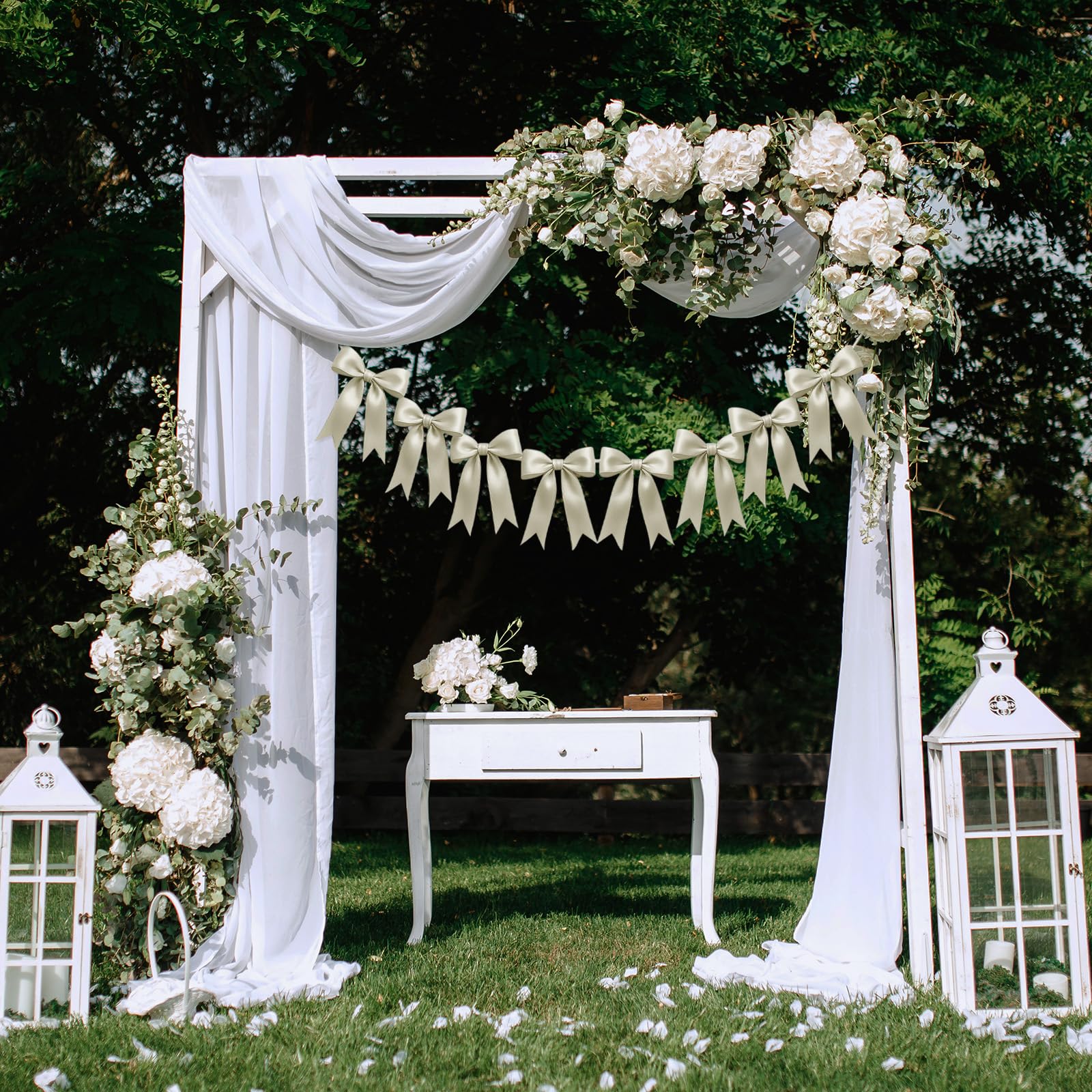 Photo 1 of 1 String of 8PCS Ivory White Bow Garland Banner Decoration,Pre-Strung Satin Ribbon Ornaments for Birthday,Bachelorette Party,Bridal Shower,Wedding,Engagement,Baby Shower,Graduation Decor,Anniversary