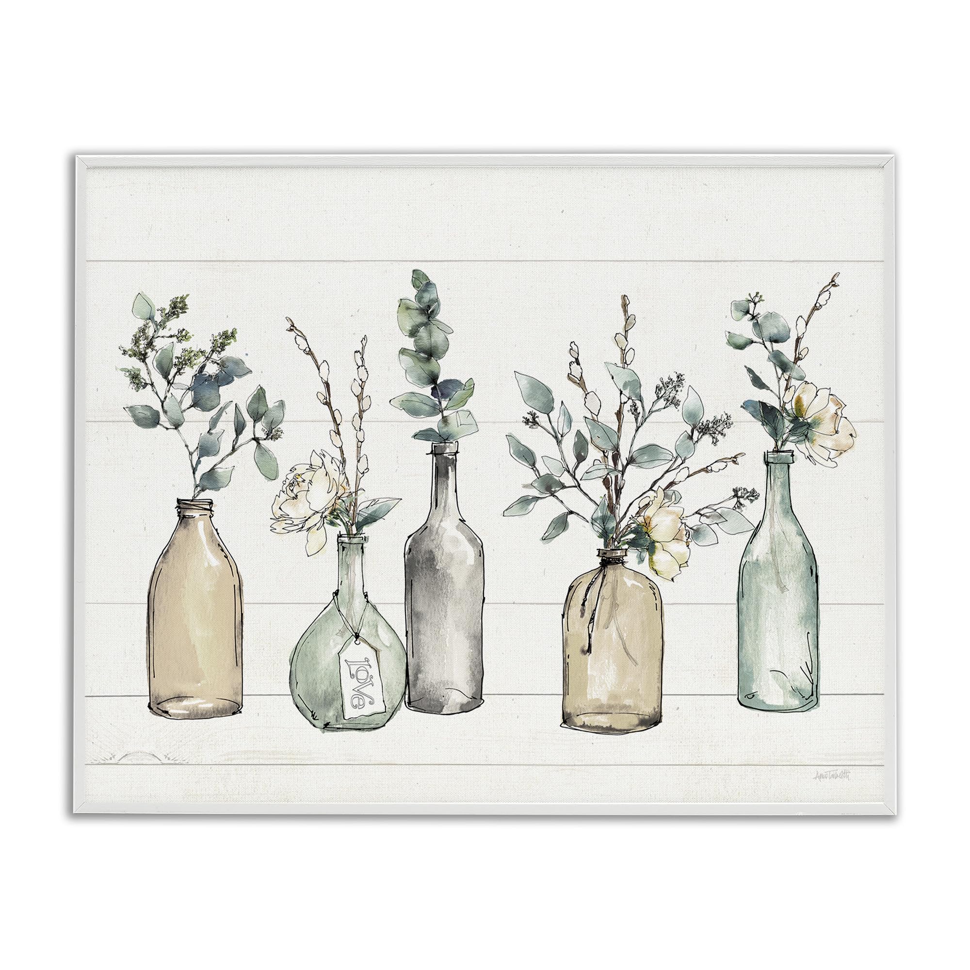 Photo 1 of Stupell Industries Bottles and Plants Farm Wood Textured, Design by Anne Tavoletti Wall Art, 11 x 14, Multi-Color, White Framed
