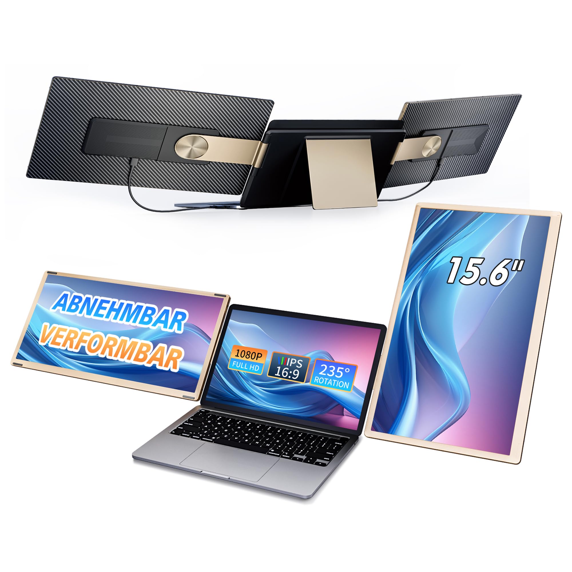 15.6 Inch Laptop Monitor Extension, 120% sRGB Laptop Screen Extender with 235° Rotation, 1080P Laptop Screen Extension, Removable, Malleable, Plug & Play, Portable Monitor for Mac Windows Chrome
