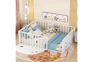 Acosure Full Size Floor Bed Frame,Metal Montessori Bedframe with Fence & Door,No Box Spring Needed,Easy to Install,Bedroom Furniture for Kids Toddlers Boys Girls,White