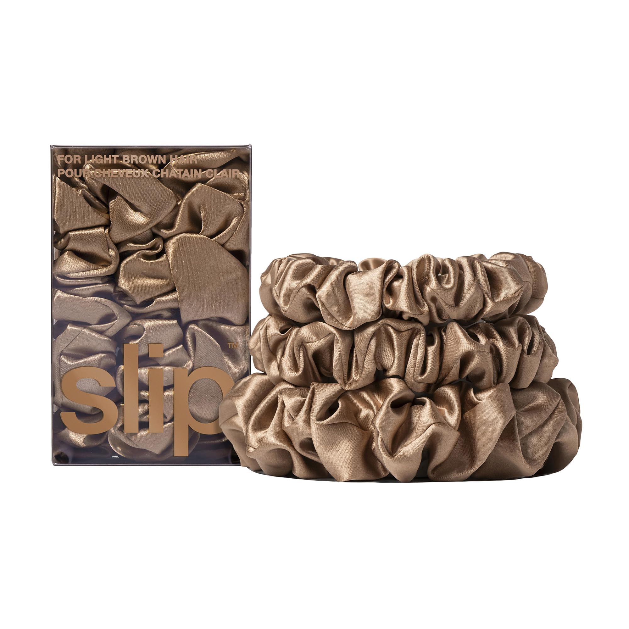 Slip Pure Silk Back to Basics Assorted Scrunchies - Light Brown - 100% Pure 22 Momme Mulberry Silk for Women - Hair-Friendly + Luxurious Elastic Set (3 Pack)
