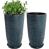 QCQHDU Set of 2 Large Tall Blue Planters with Saucer - 9 Gallon 12" Diameter x 21" H Faux Stone Round Pots for Indoor Plants, Outdoor Patio & Porch Decor, Heavy Duty Weatherproof Plant Containers