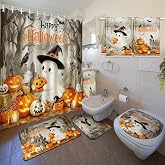 Nuanchu 6 Pcs Halloween Shower Curtain Set with Rug Cute Ghost Bathroom Set | Pumpkin Ghost Halloween Bathroom Decor with Shower Curtain Bath Mat U Shaped Mat Toilet Lid Cover 2 Bath Towels and 12 Hooks