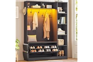 Itaar Hall Tree with Bench and Shoe Storage, Farmhouse Entryway Bench with Coat Rack, Shoe Cabinet with Flip Drawers, 7 Shelves, 10 Coat Hooks, Storage Bag, Led Lights, Black