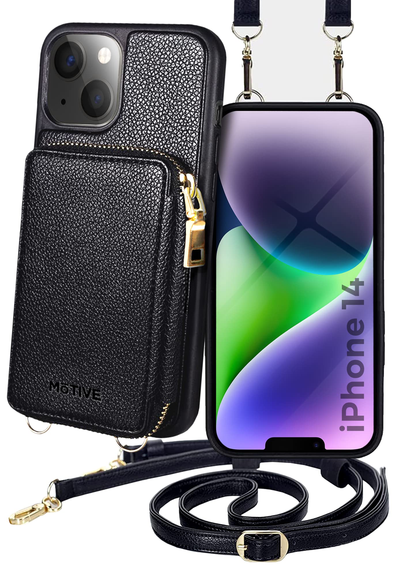 Photo 1 of MOTIVE for iPhone 14 Wallet Case, Designed in New York, Crossbody Phone Case for Apple iPhone 14, Zipper Purse Case Wallet with RFID Blocking Card Holder | 6.1" Color Black - Fancy Series