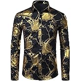 ZEROYAA Mens Hipster 3D Golden Rose Floral Printed Slim Fit Long Sleeve Button Down Dress Shirts