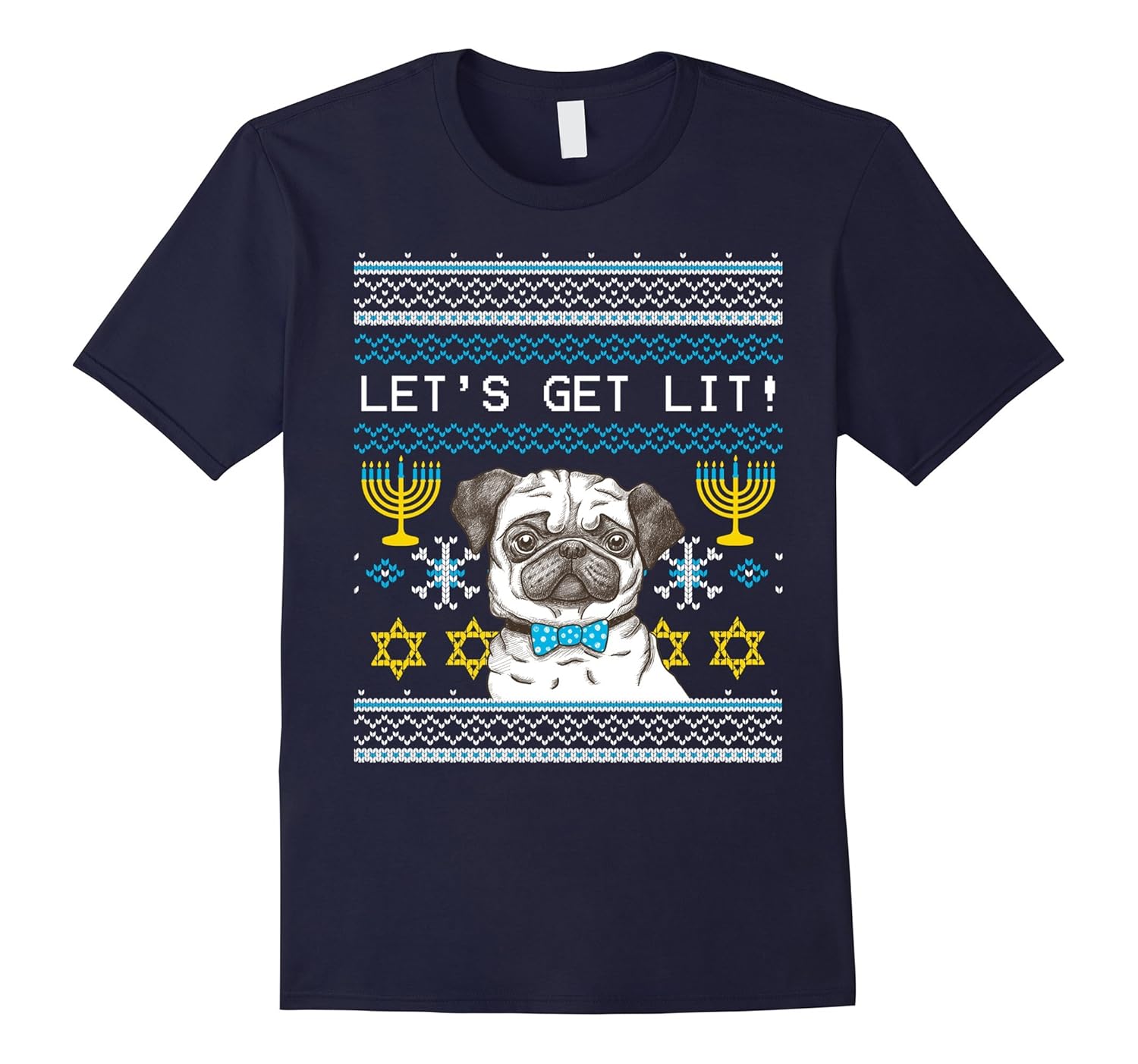 Ugly Hanukkah Sweater Let's Get Lit Pug Dog Tee-Rose