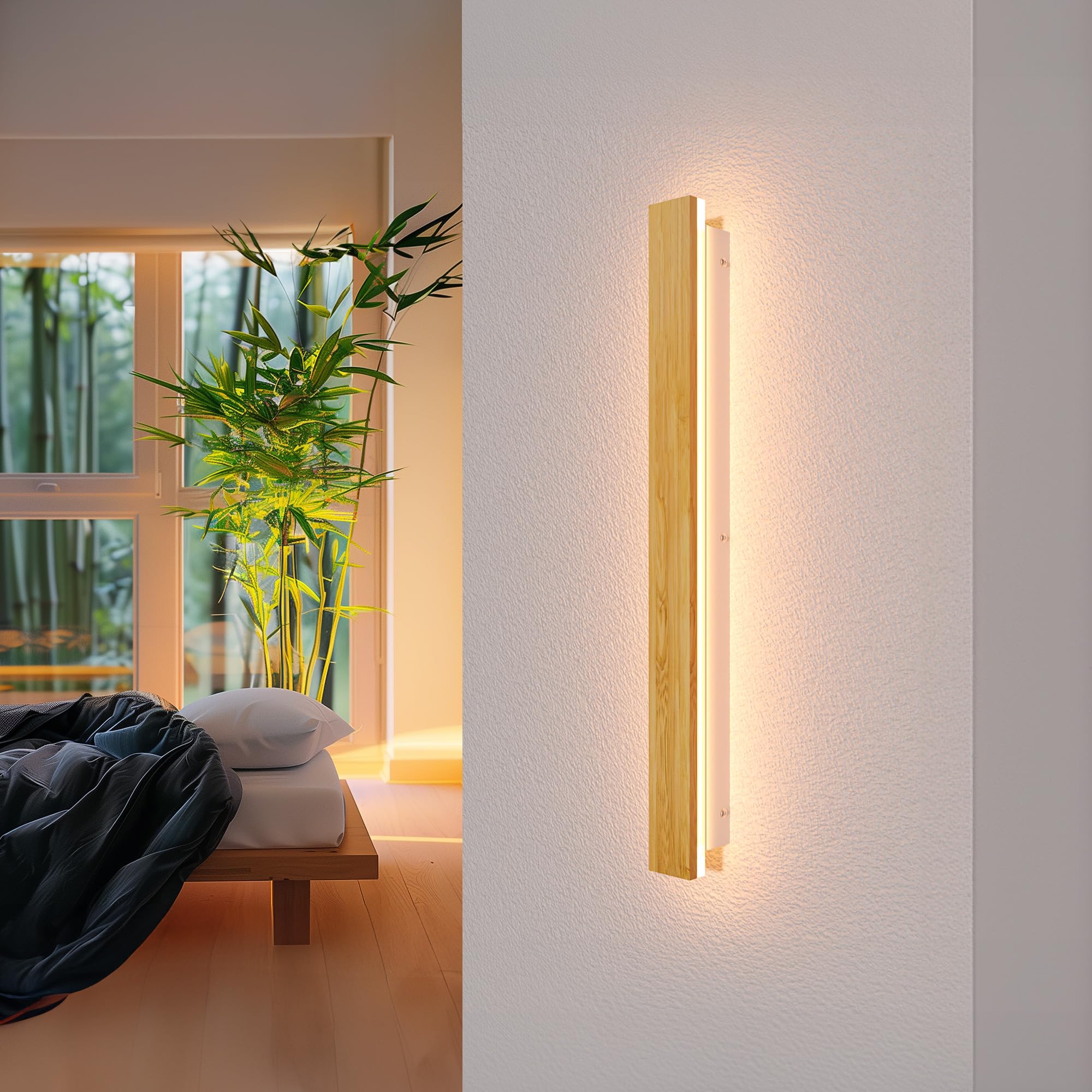 AOLED LED Wall Lamp Indoor Bamboo Wood Wall Light 3000k Hallway Lamp Bedroom Lamp, Living Room Lamp 18W 60cm Wall Lighting for Balcony Stairwell Living Room Children's Room Bedroom