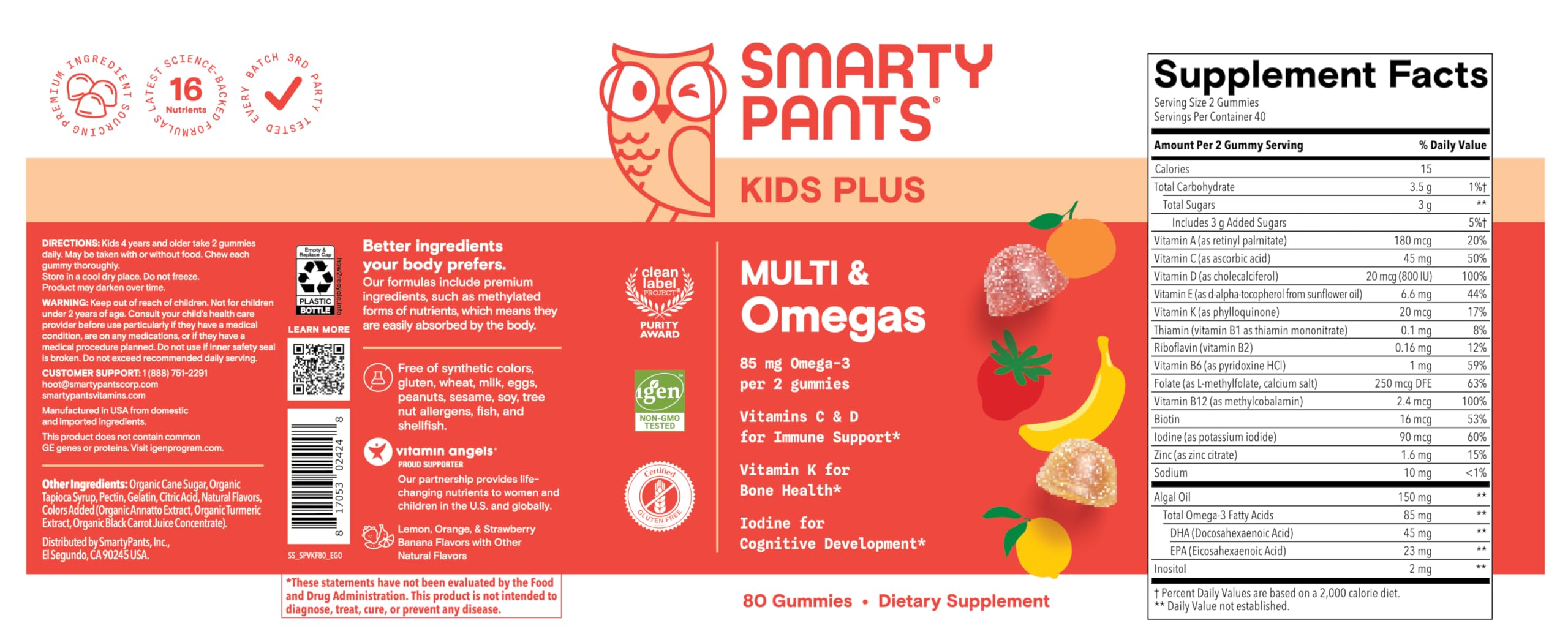 SmartyPants Kids Multivitamin Gummies - Improved Formula: Omega 3 (DHA/EPA), Vitamins D3, C, B12, B6, Vitamin A, K & Zinc, Gluten Free, Three Fruit Flavors, 80 Count (40 Day Supply)