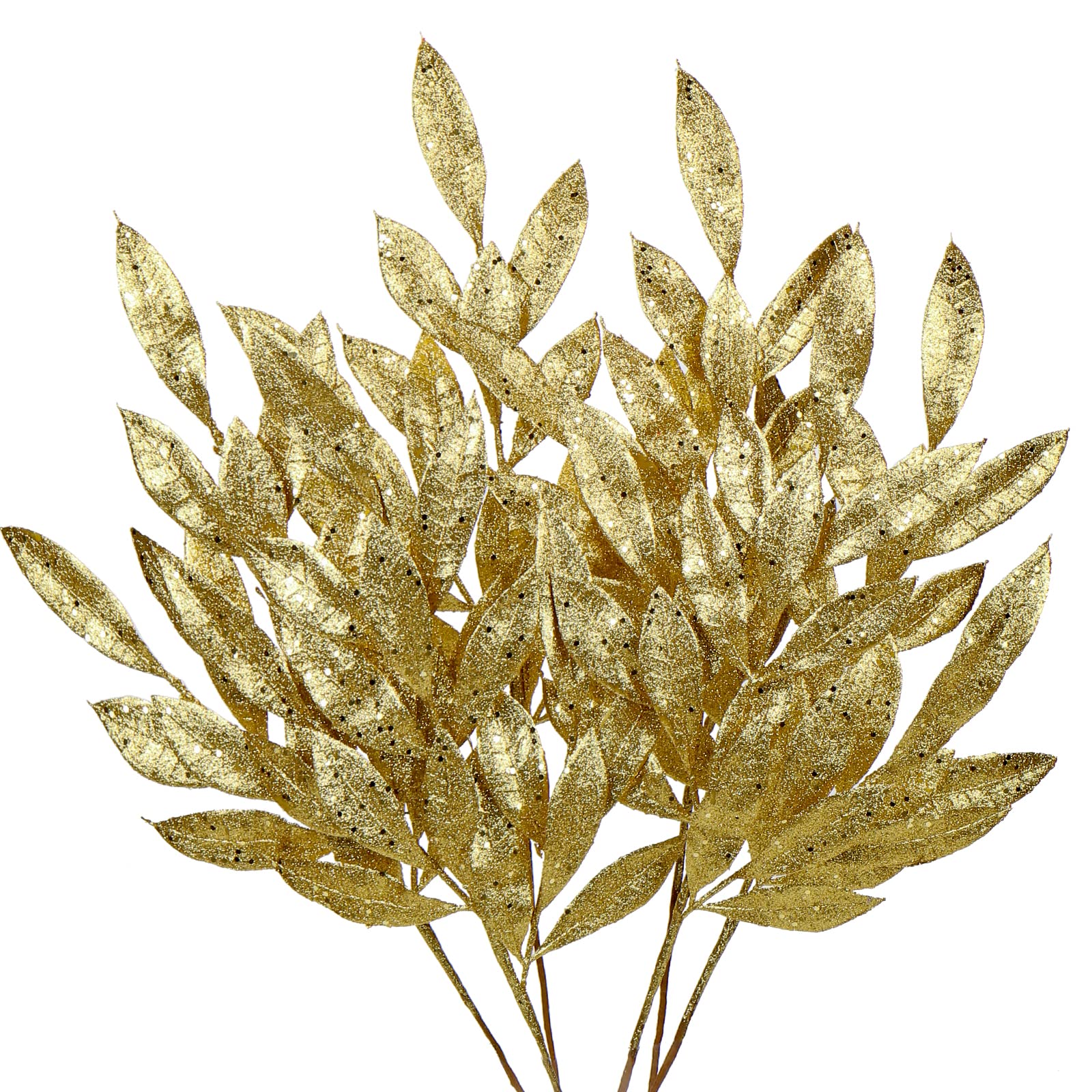 Hollyone 6 pcs Christmas Bay Leaves Glitter Xmas Foliages, 60cm Gold Christmas Tree Decorations, Artificial Leaves Stem Xmas Ornaments for New Year, Wedding, Party, Flower Arrangement