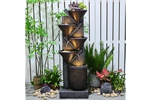 Sunlinua 49.6" Tall Outdoor Waterfall Fountain 5-Tier Indoor Floor Standing Water Fountains with LED Lights&Pump for Garden, Living Room, Patio, Home Decor with Natural Stones