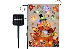 WDGG Happy Thanksgiving Turkey Garden Flag with Lights- Solar LED Burlap- Thanksgiving Turkey Yard Mini Flags 12x18 Double Sided for Garden Patio Lawn Yard Outside Outdoor Decoration Farmhouse