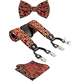 TIE G Paisley Suspender, Bow Tie, Pocket Square Set for Men's Tuxedo Suspenders : Adjustable Braces, Strong Enhanced 6 Clips