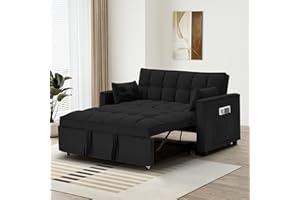 Wrofly 3 in 1 Convertible Sleeper Sofa Bed, Modern Futon Couch Pullout Couches Bed, Velvet Small Loveseat with Adjustable Backrest, Storage Pockets and Pillows for Living Room (Jet Black)