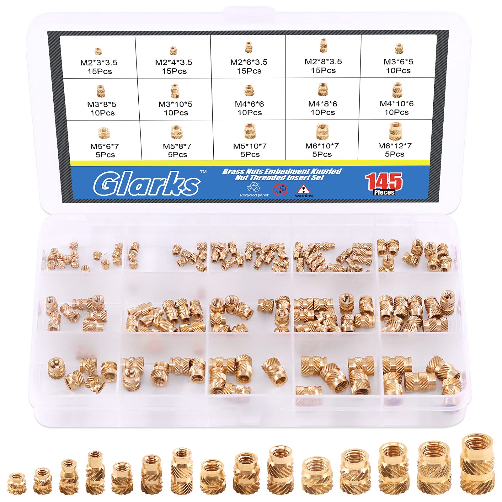 Glarks 145Pcs M2 M3 M4 M5 M6 Female Thread Knurled Nuts Brass Threaded Insert Embedment Nuts Assortment Kit for 3D Printer