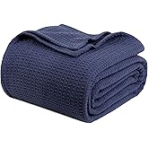 Tex Trend 100% Cotton Blankets Queen Size - Waffle Weave Versatile Cotton Blanket - Breathable and Soft for Spring Summer - Gift for Women, Navy Blue, Queen 90x90 Inches