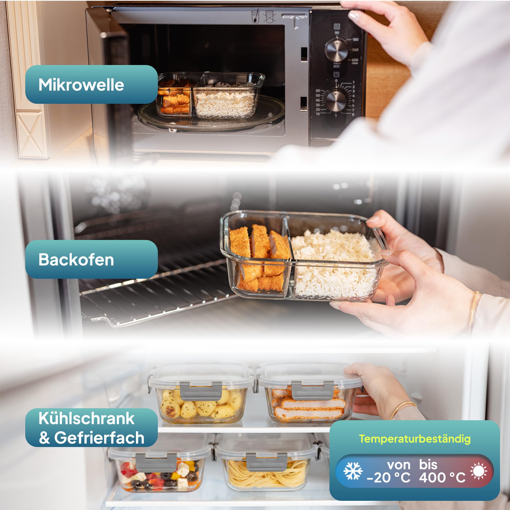 uandu Glasbehälter mit Deckel, 10- teilig, mit 2 Fächern, Borosilikatglas mit Deckel, Meal prep Gläser, Frischhaltedosen Glas mit Deckel, Glasdosen mit Deckel Set, Meal prep Boxen 5 Behälter+5 Deckel 5