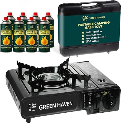Green Haven Portable Camping Stove 2100W with Case and 8 Gas Canister