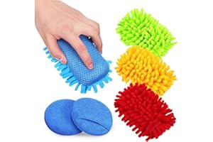 OFFIGAM 4Pcs Chenille Cleaning Sponges Double-sided Vehicle Wash with Blue Pocket Wax Applicator Pads for