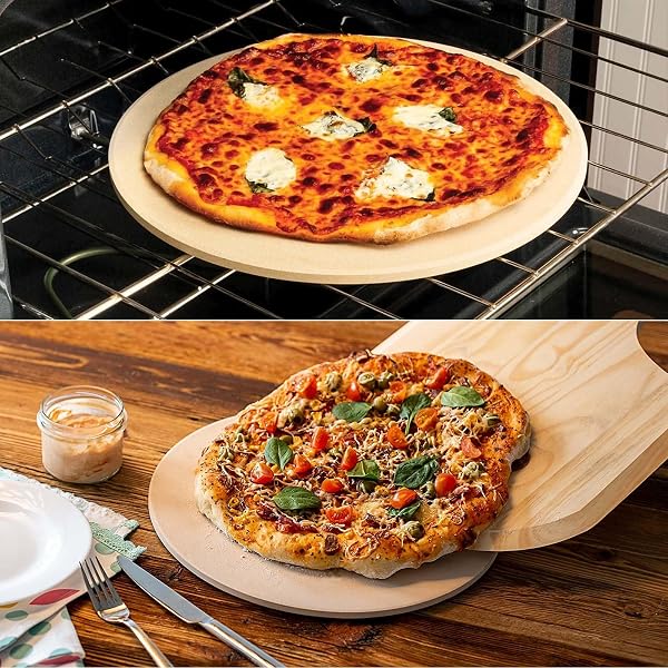 PIZZA STONES SET, HEAVY DUTY ROUND CORDIERITE BAKING STONE FOR BREAD, PIZZAS, THERMAL SHOCK RESISTANT COOKING STONE WITH BAMBOO PIZZA PEEL PADDLE FOR OVEN AND GRILL-12 INCHES (DIAMETER)