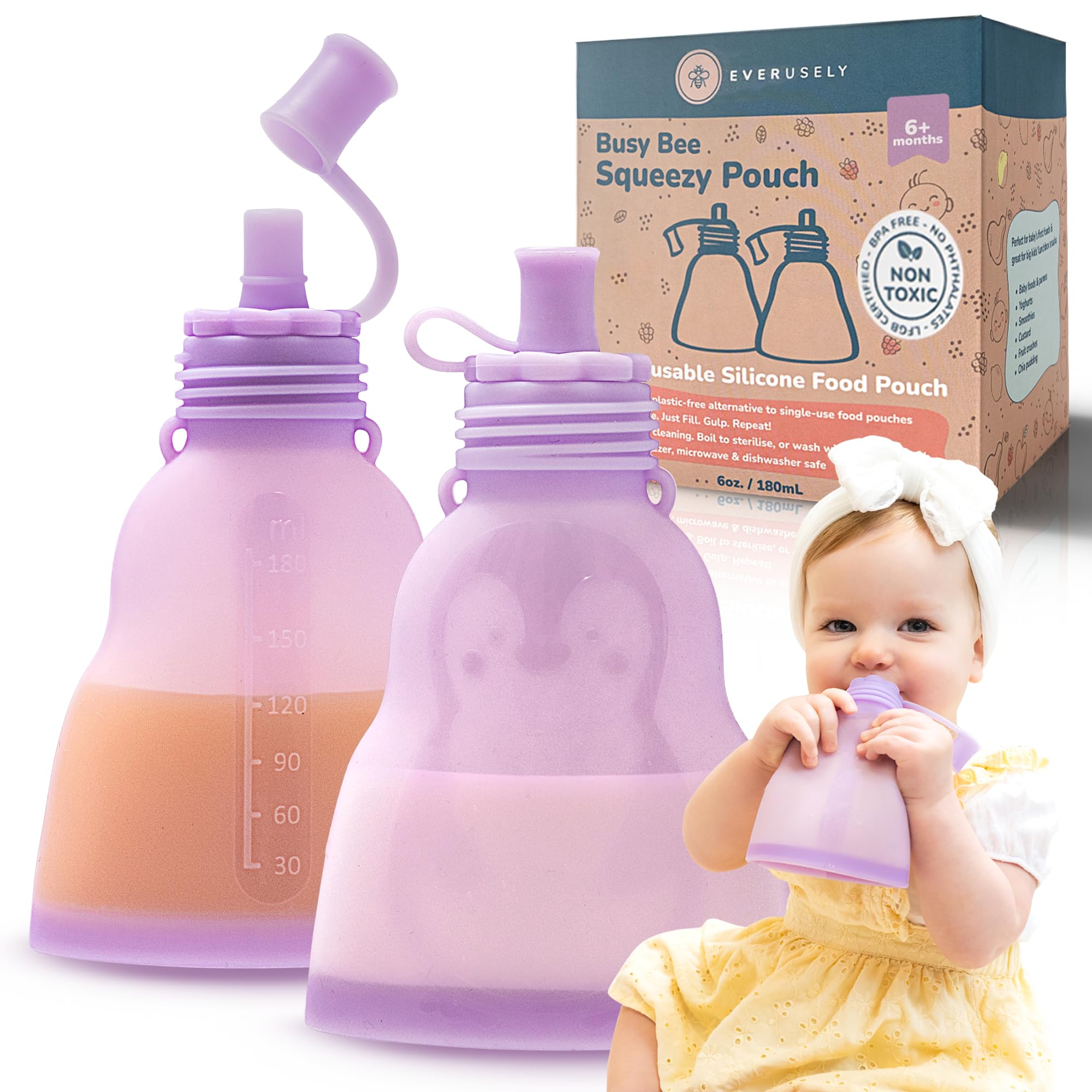 Photo 1 of Everusely Reusable Baby Food Pouches for Toddlers - 2 Pack, 6 oz/180 ml, Lavender - Squeezable Silicone Food Pouch - Refillable, Leakproof, Spill Proof Puree Containers - BPA Free - Dishwasher Safe