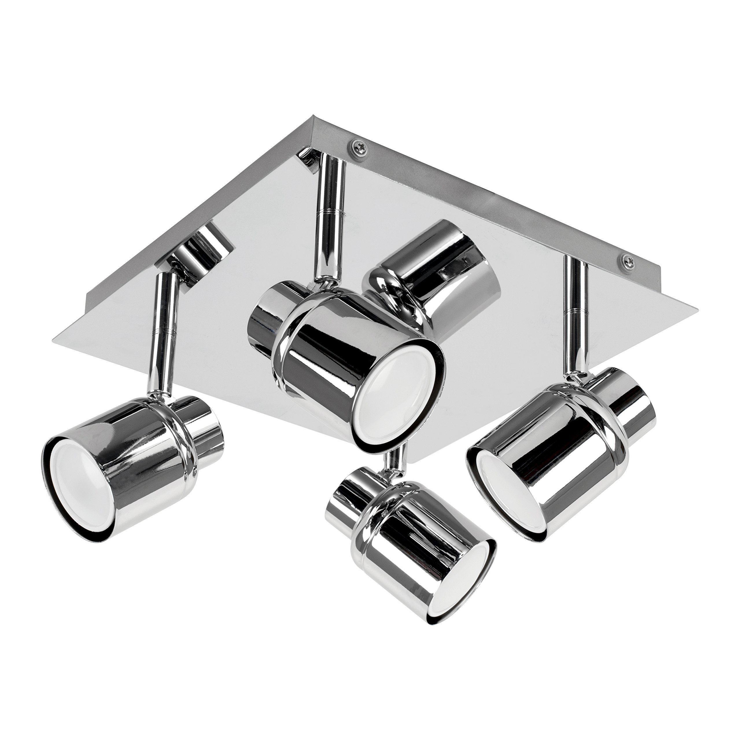 MiniSun | Modern Polished Chrome Square Plate Adjustable 4 Way Ceiling Spotlight | Ceiling Spots, Home Décor & Improvement Essential | Mains Wired