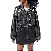 WDIRARA Girl's Beaded Denim Jacket Button Down Collared Long Sleeve Jeans Jackets Y2K Outerwear