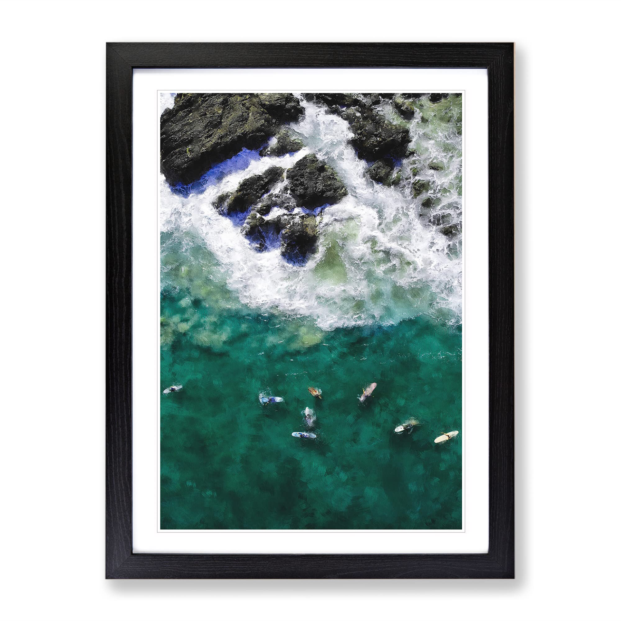 Surfers At Byron Bay In Australia Painting Modern Framed Wall Art Print, Ready to Hang Picture for Living Room Bedroom Home Office Décor, Black A4 (34 x 25 cm)