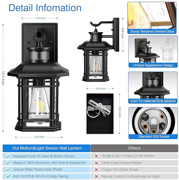 VIANIS 2 PACKS MOTION SENSOR OUTDOOR LIGHTS, DUSK TO DAWN OUTSIDE LIGHTS FOR HOUSE, BLACK OUTDOOR LIGHT FIXTURE SCONCE FOR HOUSE, DOORWAY, ENTRYWAY, WATERPROOF, ANTI-RUST