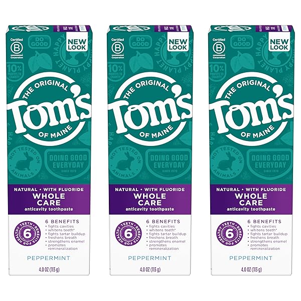 TOM’S OF MAINE WHOLE CARE NATURAL TOOTHPASTE WITH FLUORIDE, PEPPERMINT, 4 OZ. 3-PACK (PACKAGING MAY VARY)
